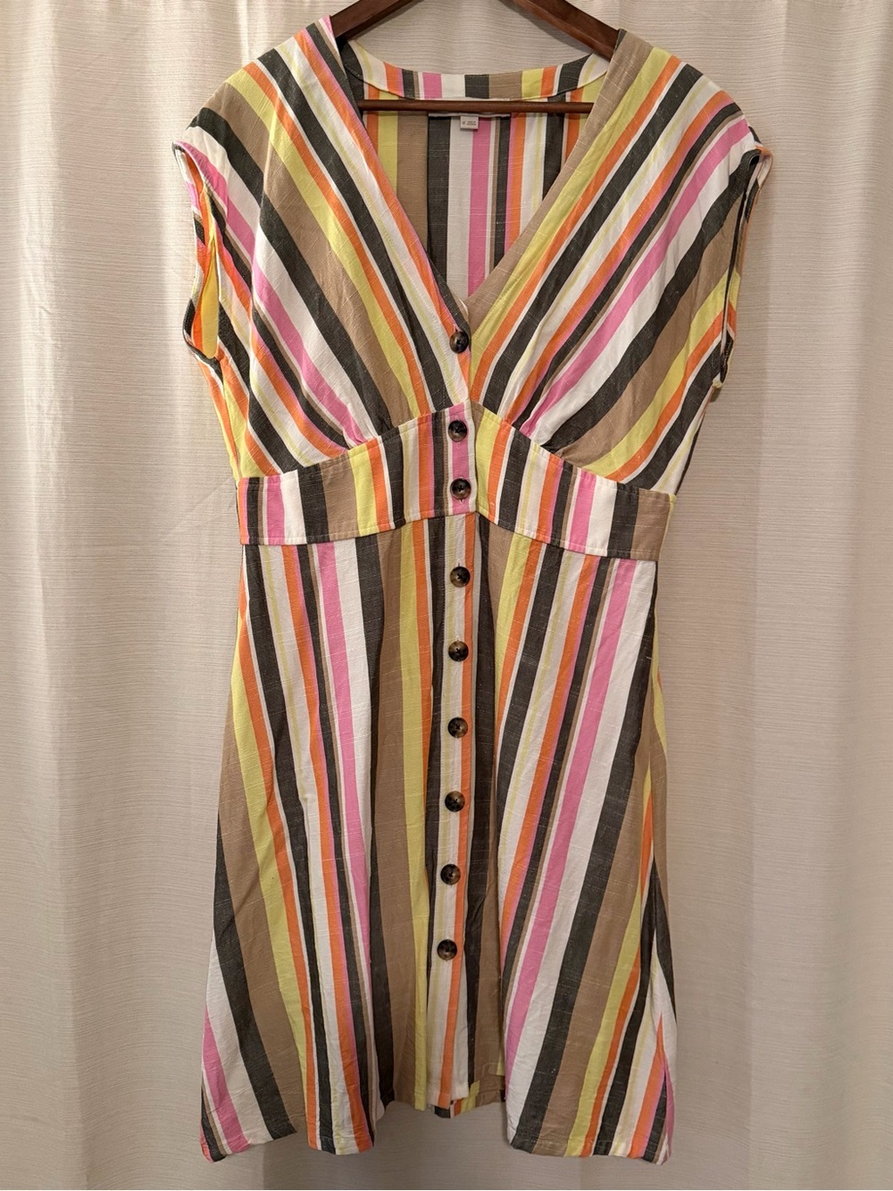 LOFT Multi-Stripe V-Neck Button-Front Midi Dress Coastal Summer Women’s Size 10